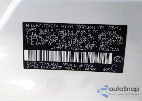 2012 Lexus Es 350 z USA, uszkodzony, nr VIN JTHBK1EGXC2503752